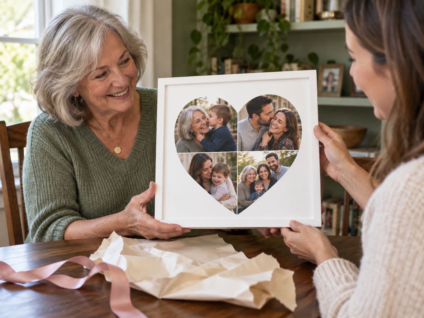 A mother receiving an unwrapped white-framed four-photo heart collage as a gift from her daughter