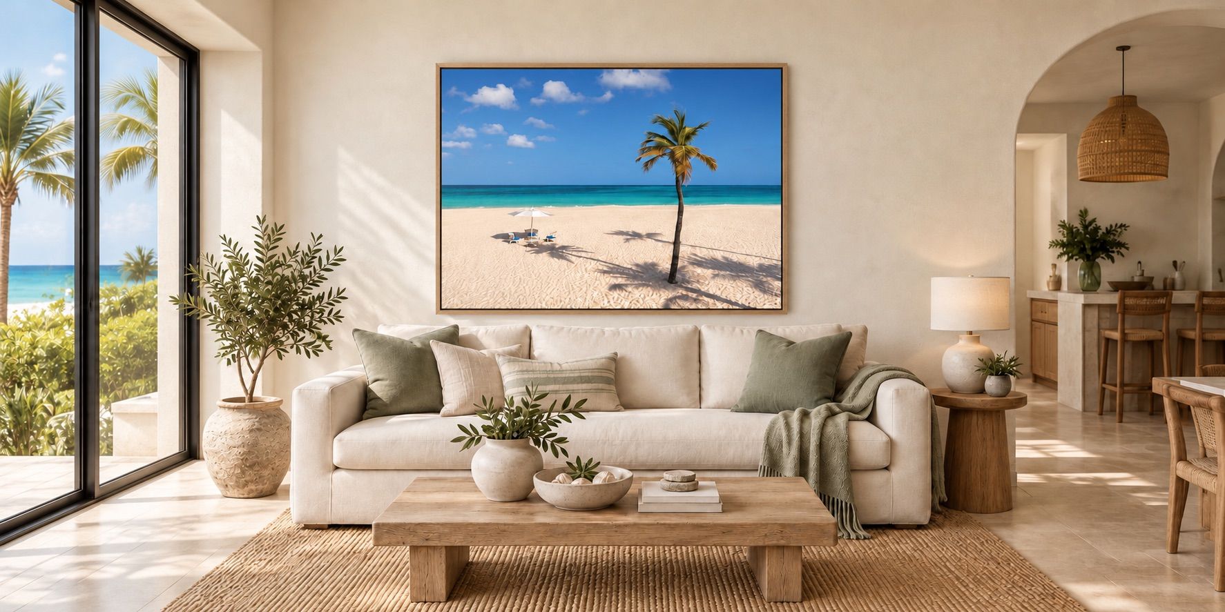 Beach canvas in a natural wood float frame above a sofa in a bright coastal living room