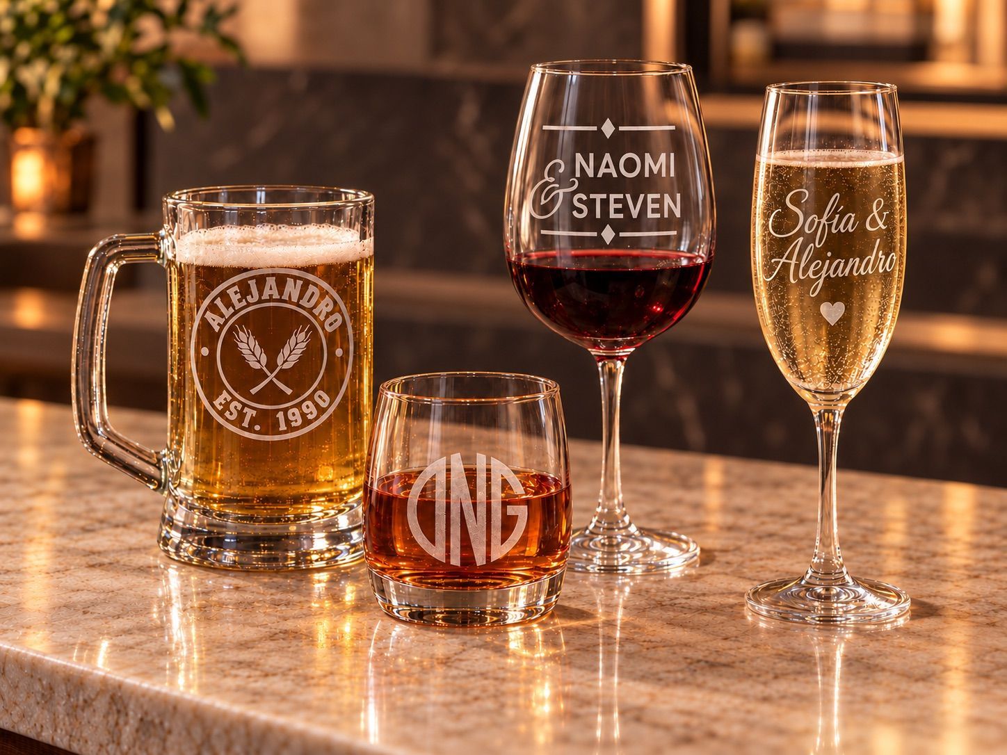 Laser Engraved Glass Laser-engraved beer mug, whiskey glass, wine glass and champagne flute