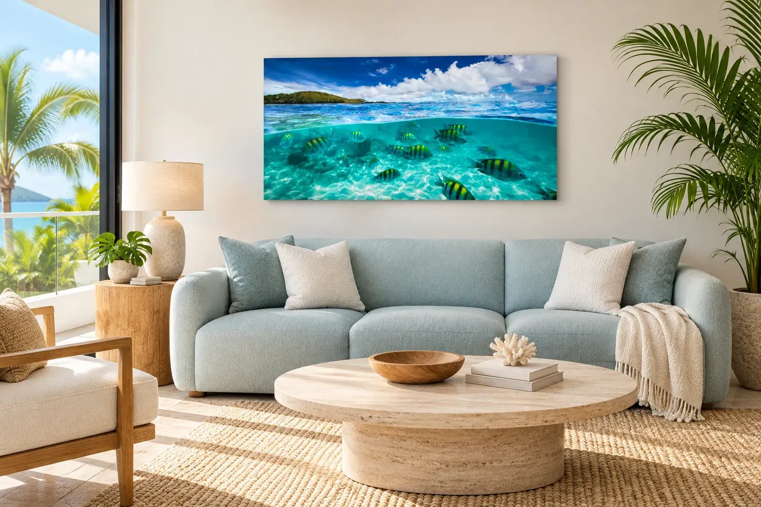 Panoramic ocean and tropical fish metal print above a pale blue sofa — room visualization