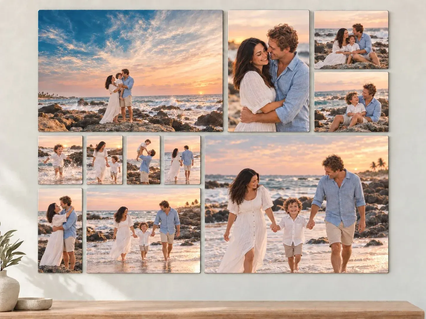 Fictional family beach portraits on separate metal panels in an ivory interior