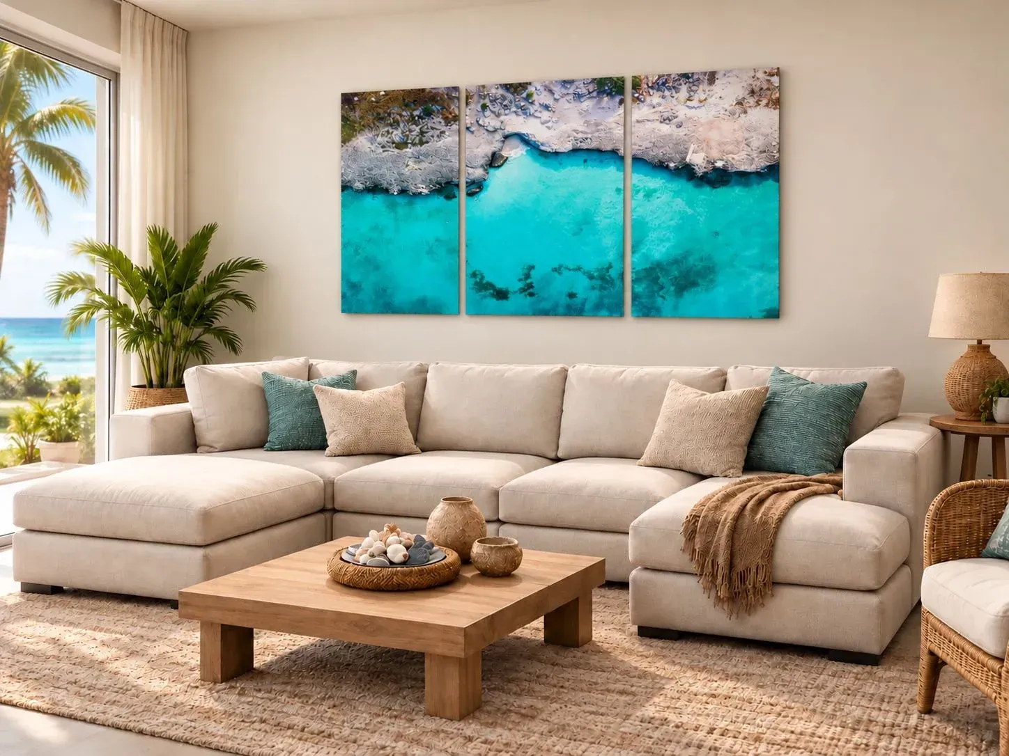 Two-meter Tres Trapi metal triptych above a coastal sectional — room visualization