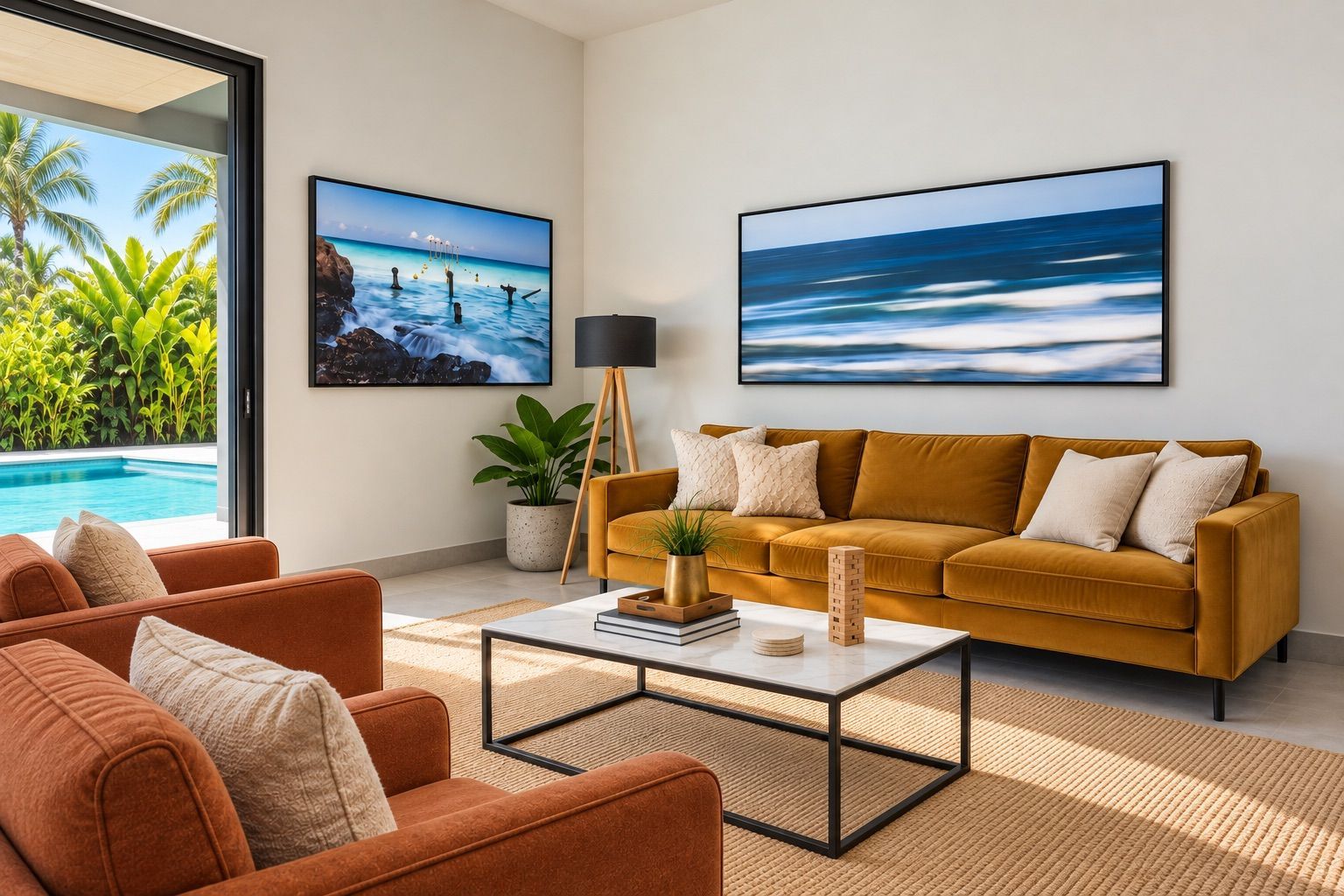 Ocean canvas prints on adjoining walls above a mustard sofa, with a glimpse of the pool — room visualization
