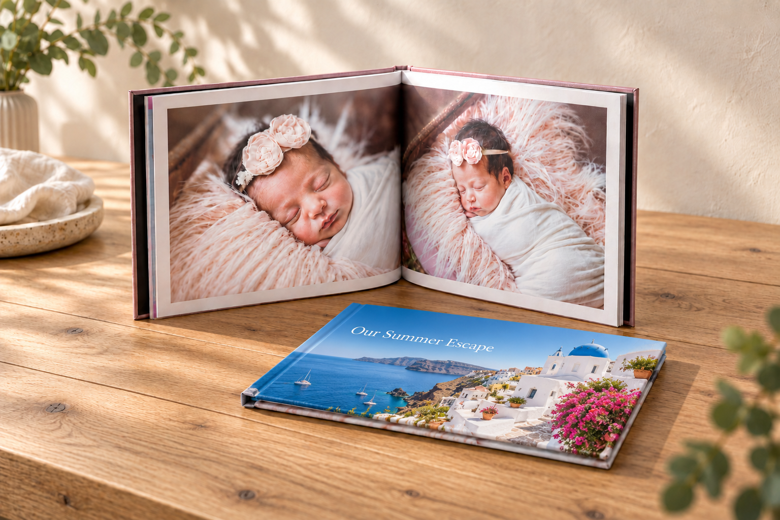 Open baby photo book and personalized vacation hardcover on a natural oak table