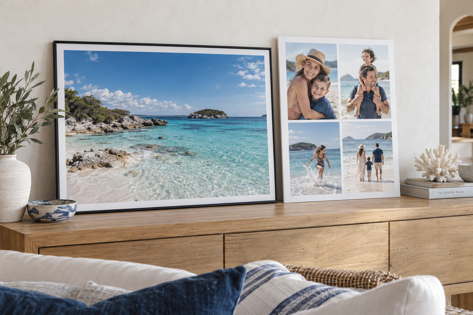 Coastal photo print and family collage displayed on a natural wood console