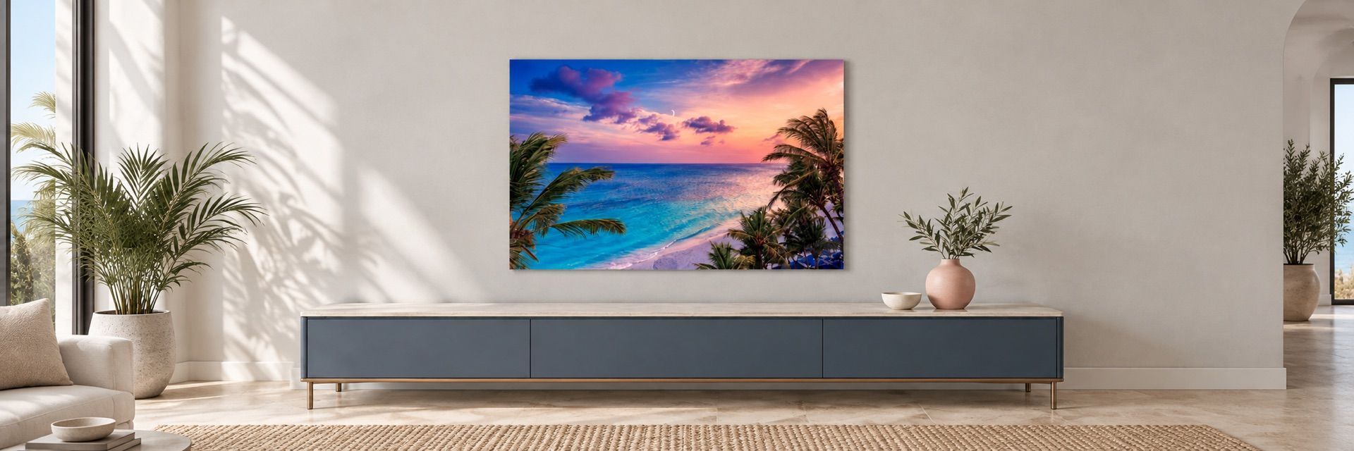 Tropical sunset wall print above a modern console