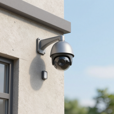 Outdoor security camera mounted on a house wall under the roof eave, overlooking the area