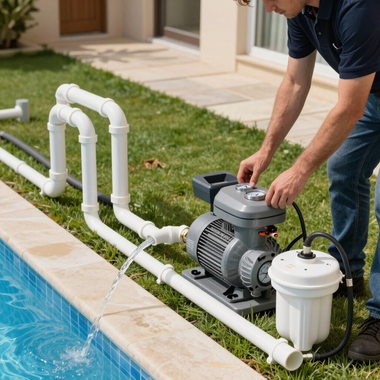 Man adjusting pool pump and filtration system beside a backyard swimming pool