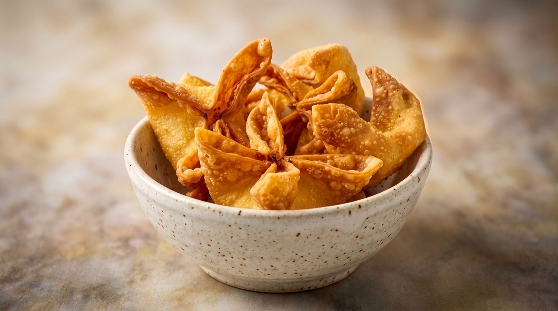 Bowl of crispy golden fried snacks on a blurred rustic tabletop background
