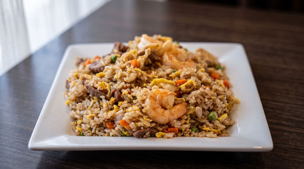 Plate of fried rice with shrimp and mixed vegetables on a white square dish