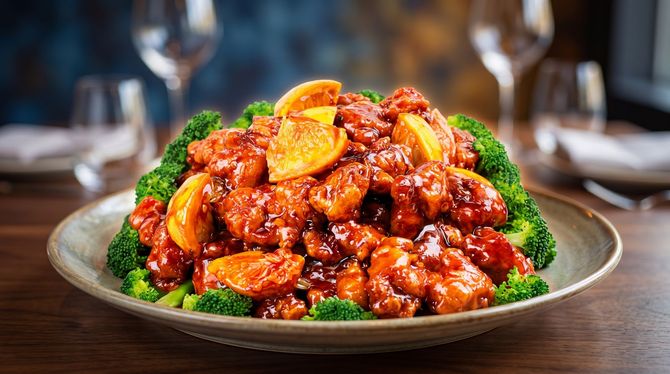 Glazed chicken with orange slices, garnished with broccoli, served on a dining table