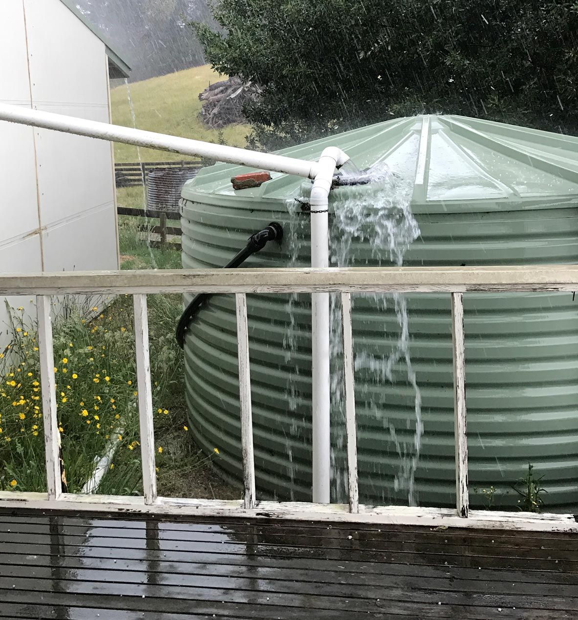 Rainwater overflowing from a large green water tank with white piping, next to a porch. Rainwater overflowing from a large green water tank with white piping, next to a porch.