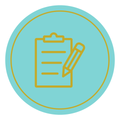 Teal circular icon with a yellow clipboard and pencil outline