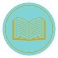 Teal circular icon with a gold outline of an open book