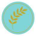 Teal circular logo with a gold leaf branch and thin gold ring
