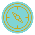 Turquoise compass icon with gold circular border and arrow in the center
