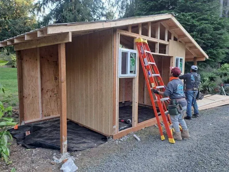 Workers building a small wooden shed, with a red ladder and open framing on a gravel site.