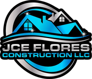 JCE Flores Construction LLC logo with blue house roof graphic and black circular emblem