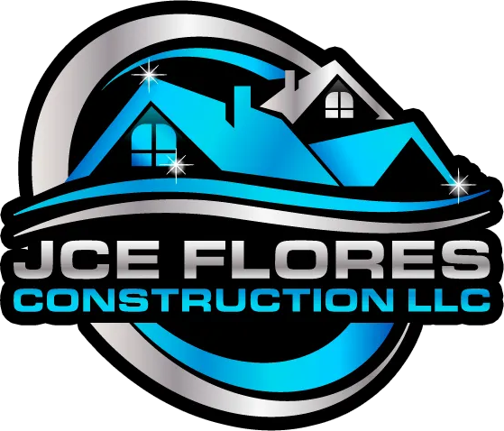 JCE Flores Construction LLC logo with blue house roof graphic and black circular emblem