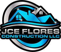 JCE Flores Construction LLC logo with blue house roof graphic and black circular emblem