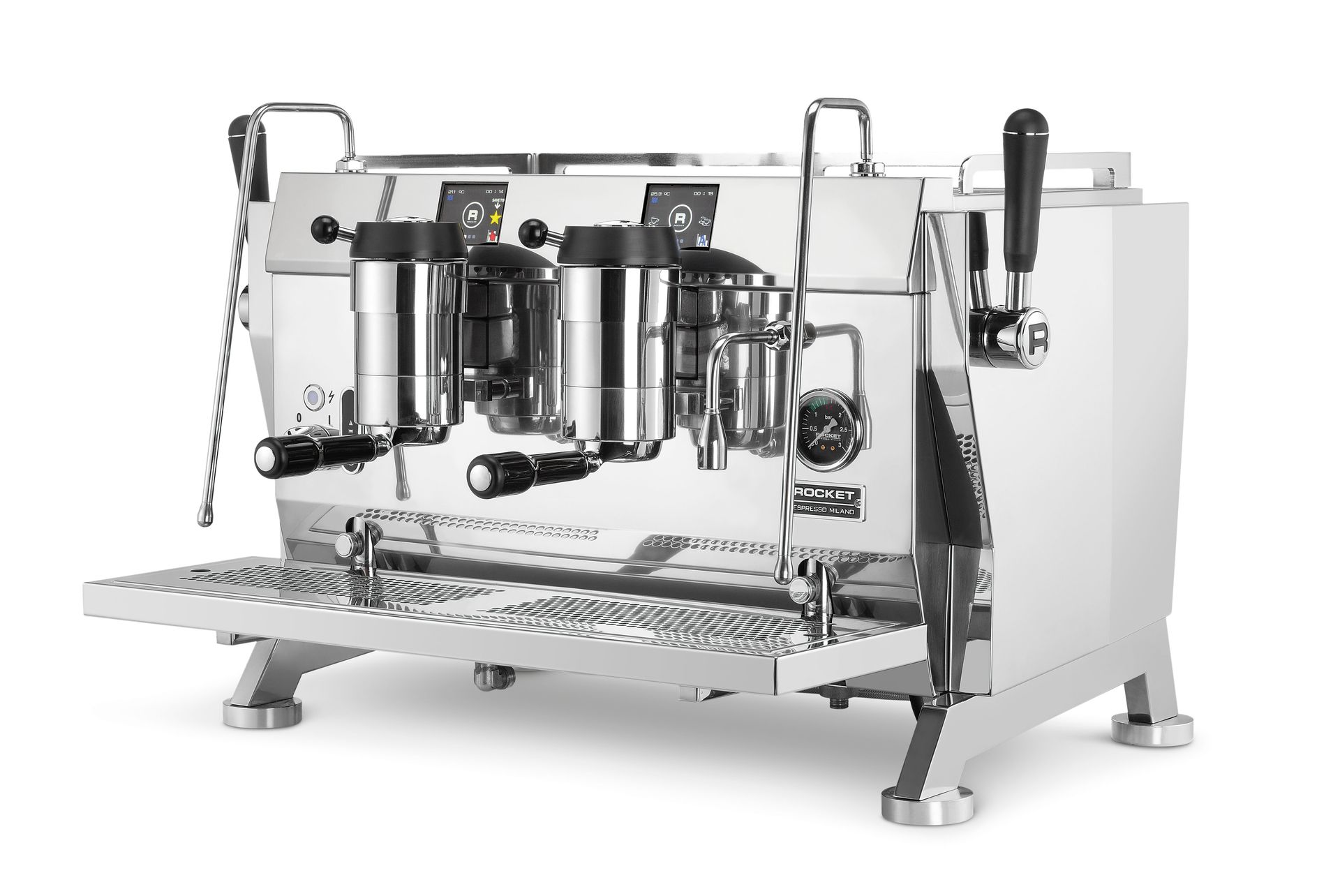 The R 9V with pressure profiling, fully saturated group and multi boiler technology.
The R 9V boasts features that set it apart in the realm of professional machines. With its multi-boiler system, PID functionality, pre-infusion, and shot timers, baristas can attain consistent and repeatable results, cup after cup through the saturated groups.
Each group on the R 9V is equipped with a digital display showcasing both the coffee brewing time and water temperature.
The R 9V stands out from the R 9 by virtue of its advanced pressure profiling capabilities.
