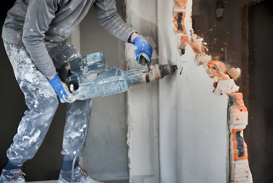 Worker using a power tool to break a concrete wall during renovation, with exposed brick visible.