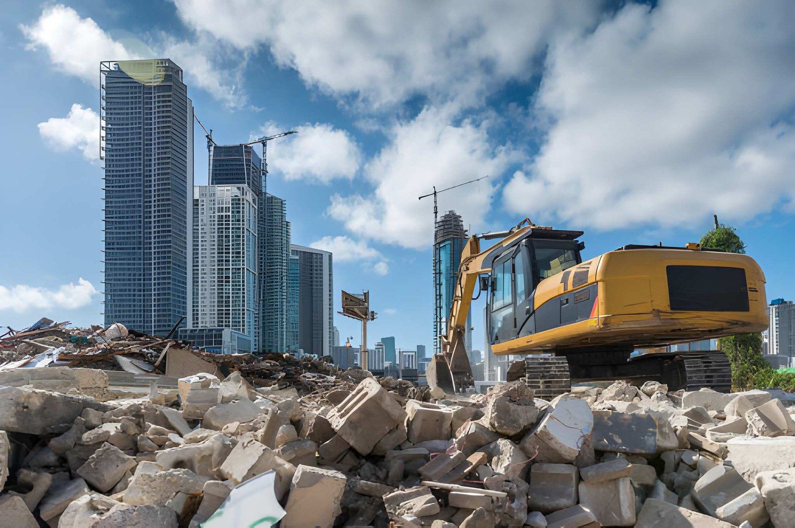 Yellow excavator clearing rubble at a demolition site with modern high-rise buildings in the background