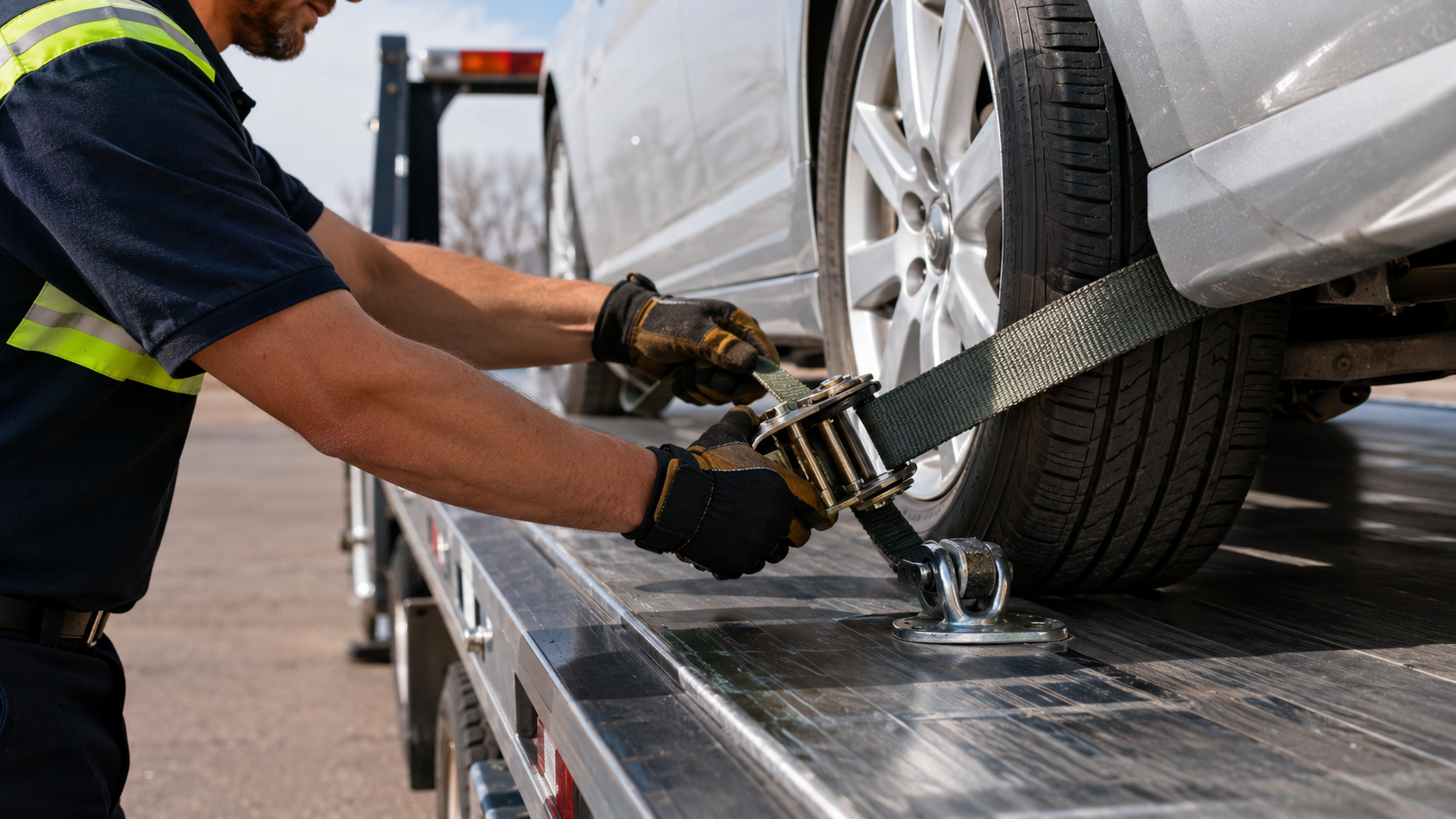 Towing operator securing a passenger car to a flatbed with professional wheel straps in Gary, Indiana.
