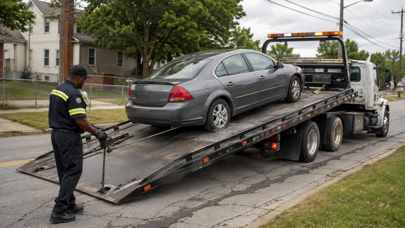 Flatbed tow truck operator loading a disabled car safely on a residential roadside in Gary, Indiana.