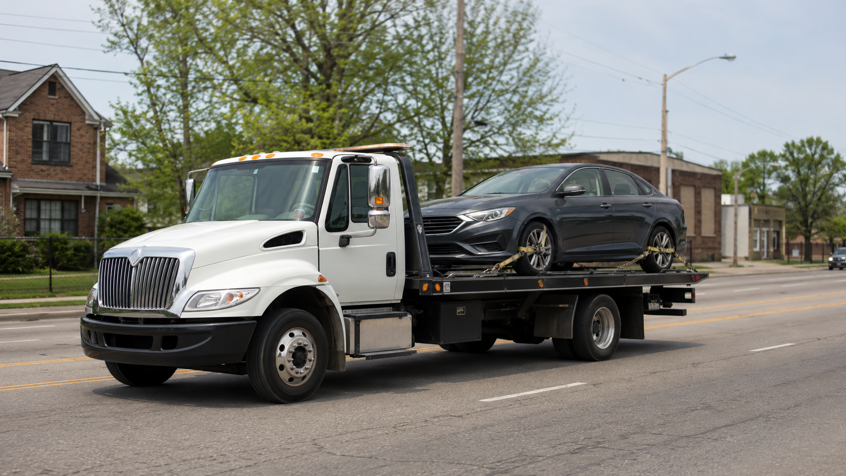 Flatbed tow truck transporting a securely strapped passenger car along a local roadway in Gary, Indiana.