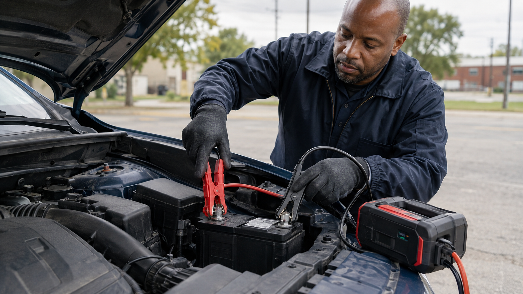 Roadside assistance operator connecting jumper cables to a car battery during a professional jump-start in Gary, Indiana.
