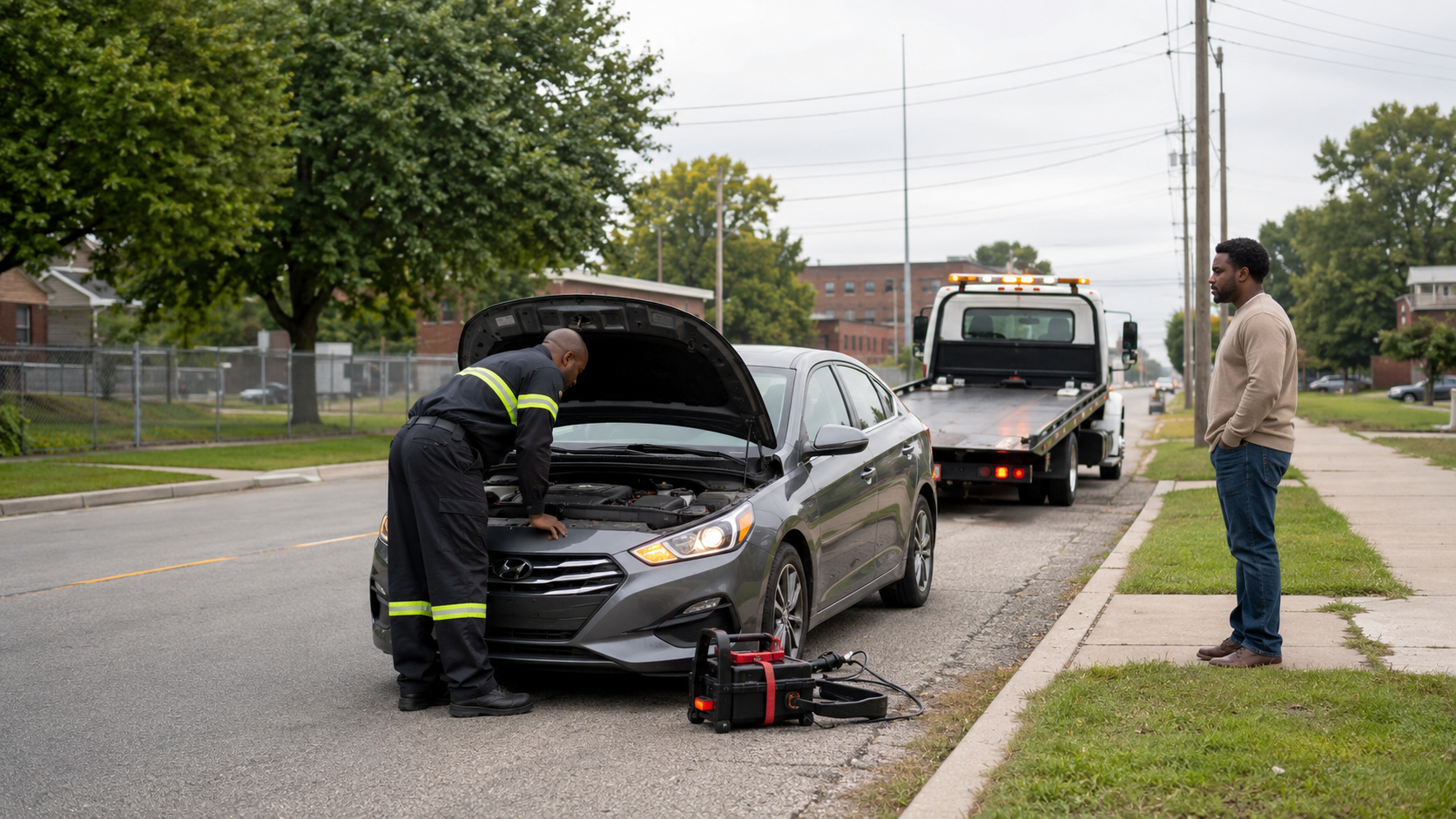 Roadside assistance operator inspecting a disabled car while the driver waits safely