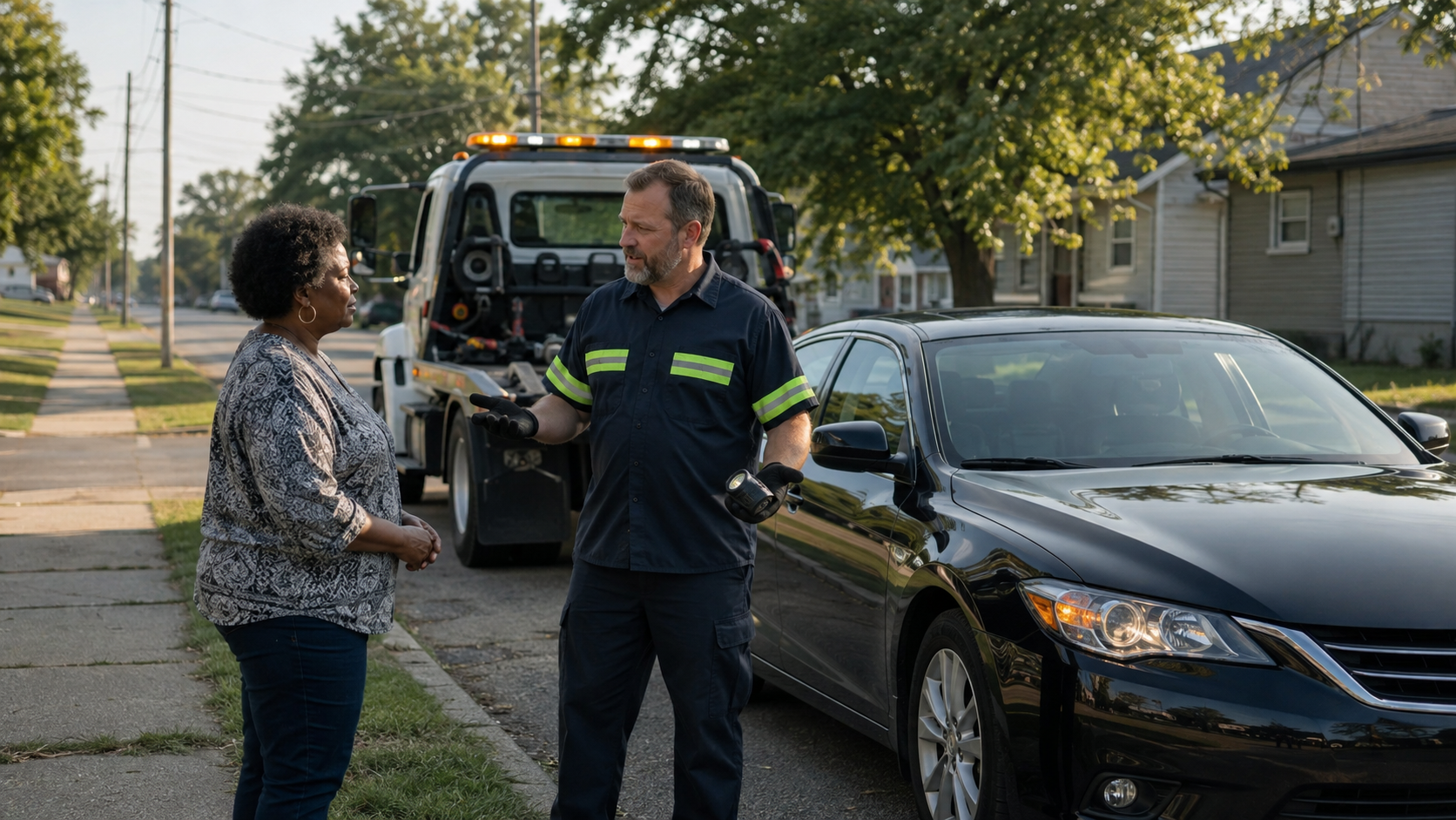 Roadside assistance operator discussing a vehicle issue with a driver beside a disabled car in Gary, Indiana.
