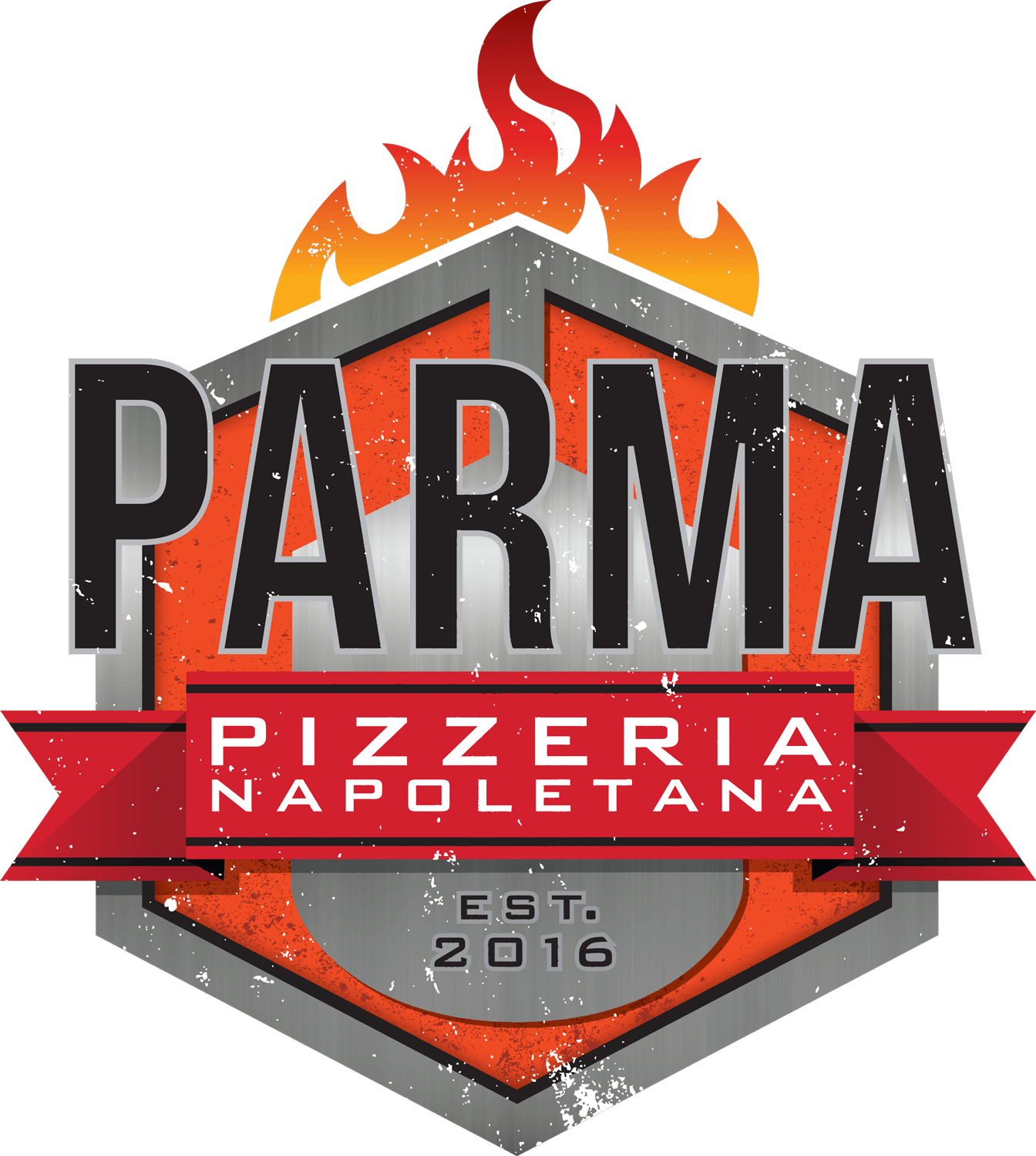 A logo for parma pizzeria napoletana with a red ribbon