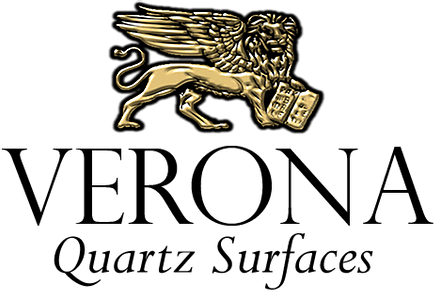 The logo for verona quartz surfaces is a lion with wings holding a book.