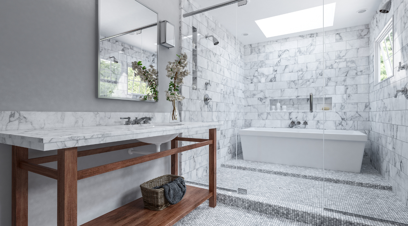 A bathroom with a tub , sink , mirror and shower.