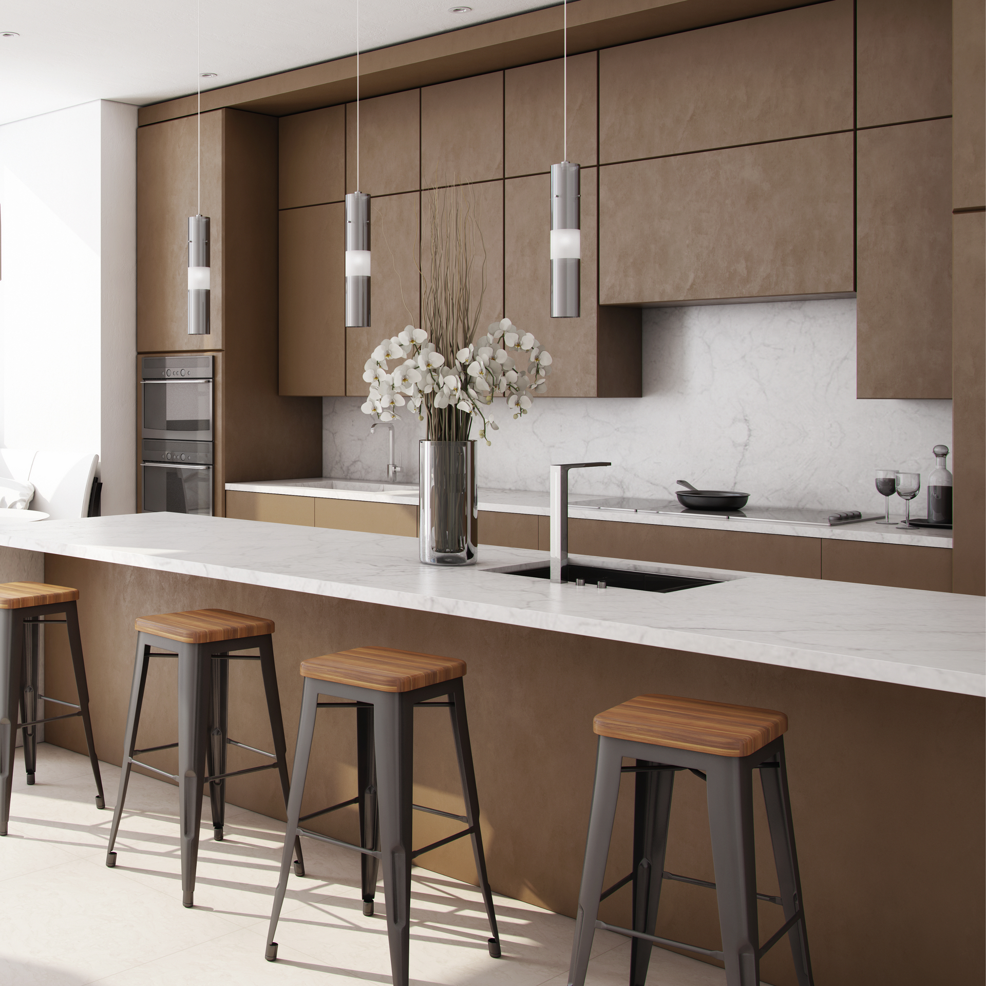 A kitchen with brown cabinets and white counter tops