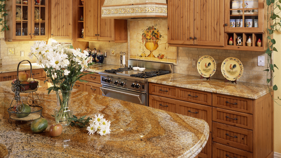 There is a vase of flowers on the counter in the kitchen.