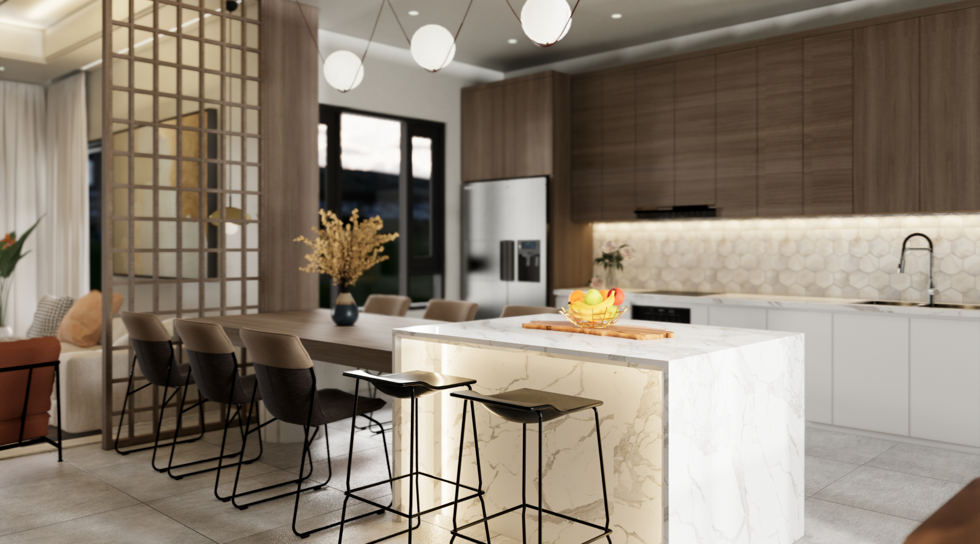 A kitchen with a large island in the middle of the room.