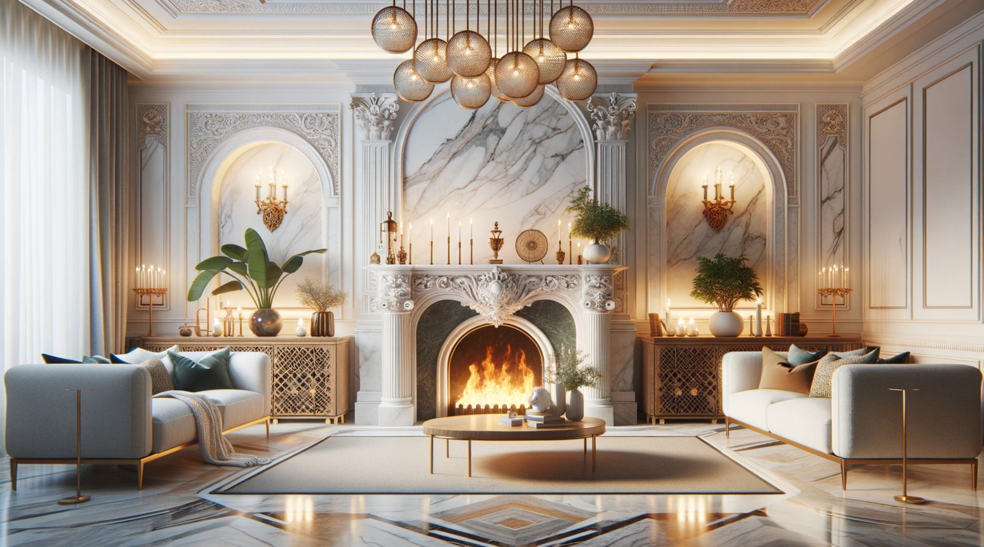 There is a fireplace in the middle of the living room.