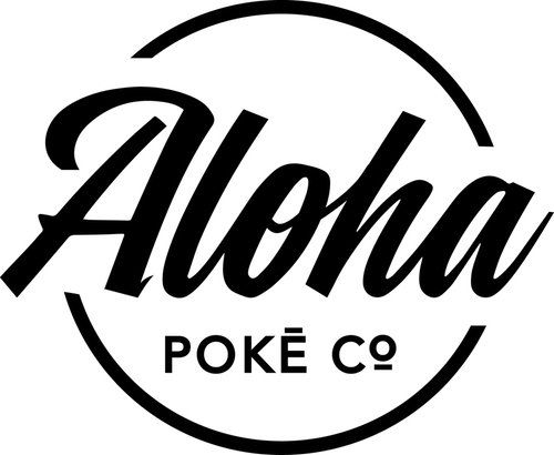 The logo for aloha poke co. is black and white.