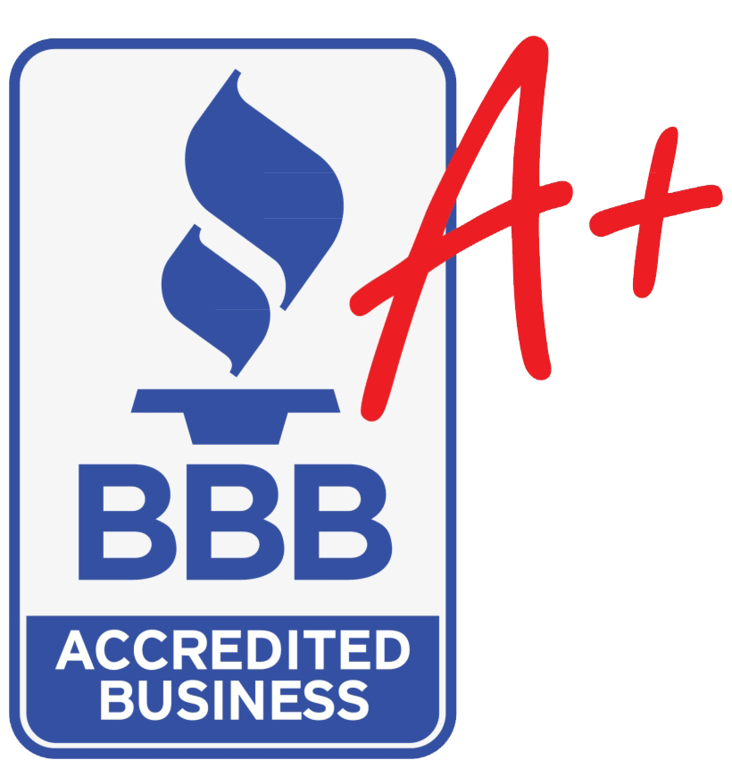 A blue and white logo that says bbb accredited business