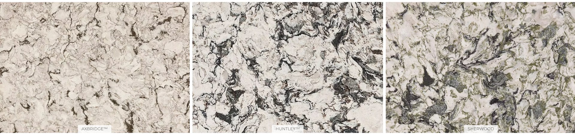 A close up of three different types of granite.