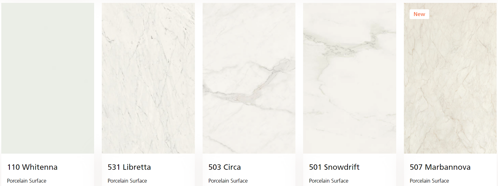 A row of white tiles with different types of marble texture.
