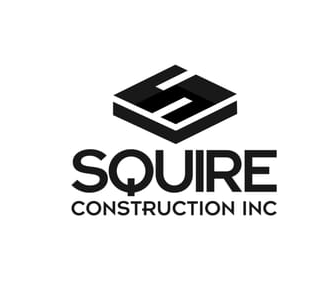 A black and white logo for squire construction inc.