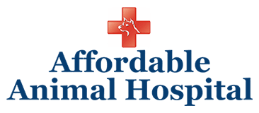 The logo for affordable animal hospital has a red cross and a dog on it.