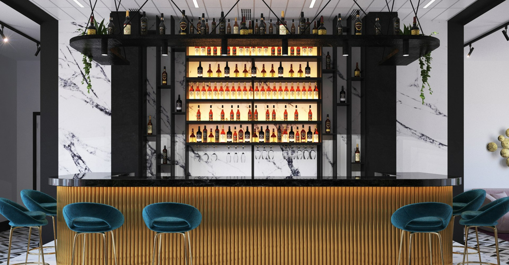 A bar with a lot of bottles on it