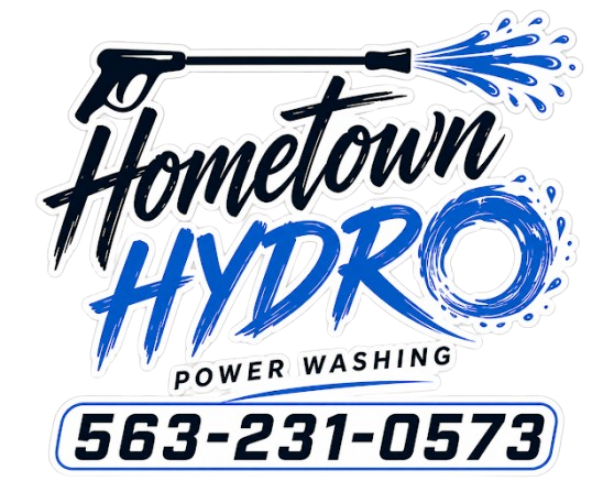 Hometown Hydro power washing logo with blue water spray and phone number 563-231-0573