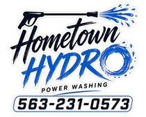 Hometown Hydro power washing logo with blue water spray and phone number 563-231-0573