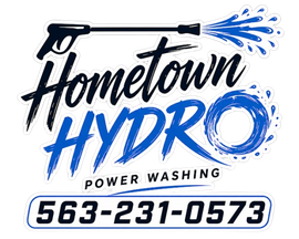 Hometown Hydro power washing logo with blue water spray and phone number 563-231-0573